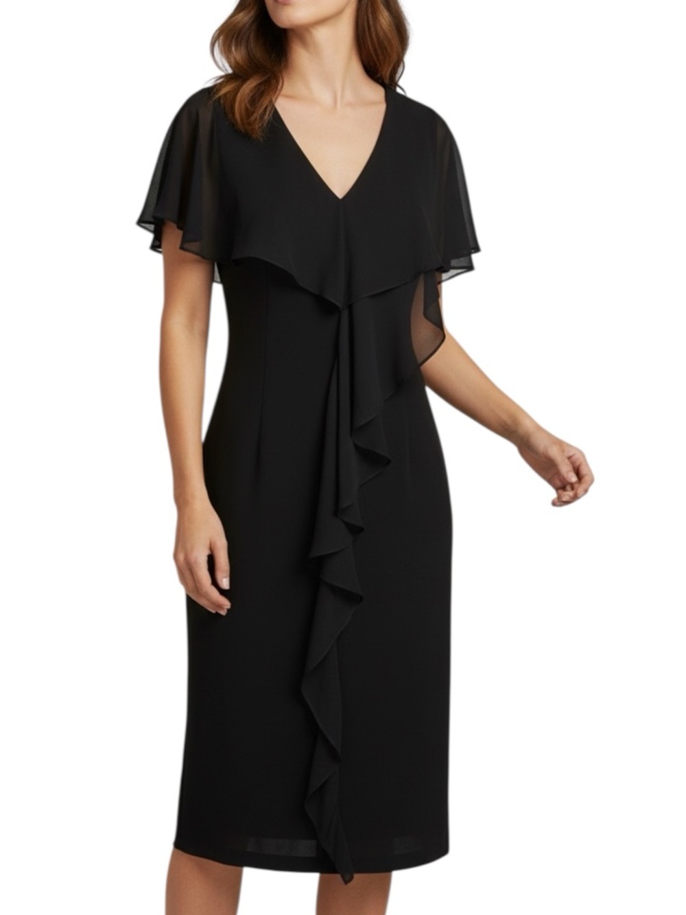NWT ADRIANNA PAPELL Black Short Sleeve V-Neck Ruffle Sheath Dress Size 10